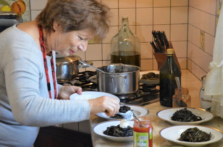 Mary is preparing the Pasta al Nero di seppia