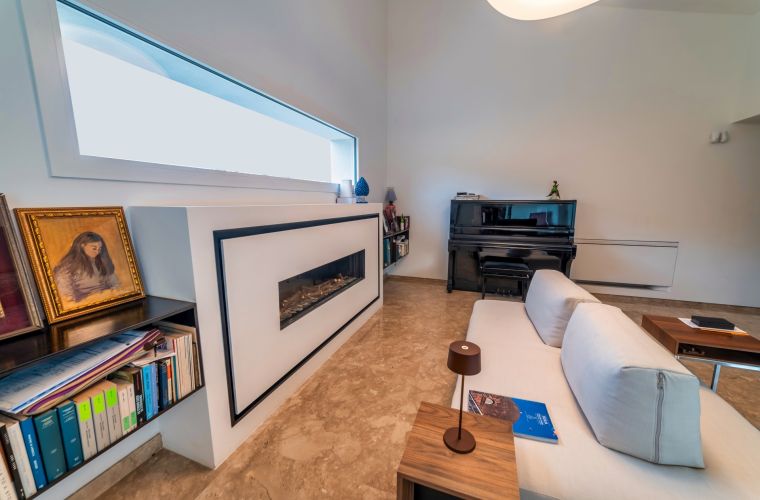 Piano and fireplace