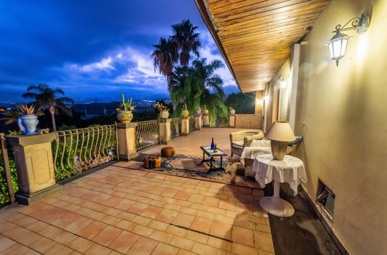 Terrace on the first floor with a breathtaking seascape and Etna volcano panorama