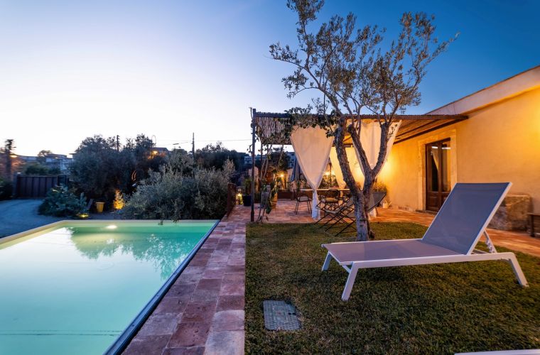 Olive tree, lawn and pool
