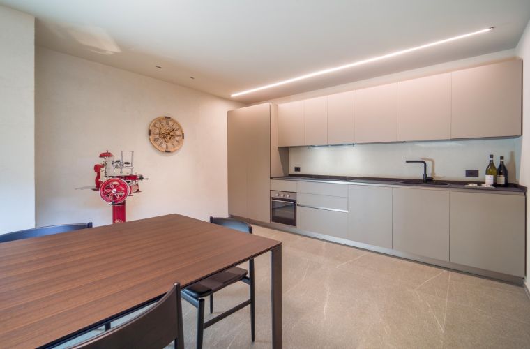 Downstairs is a large room with a kitchen, home theater, and sauna.